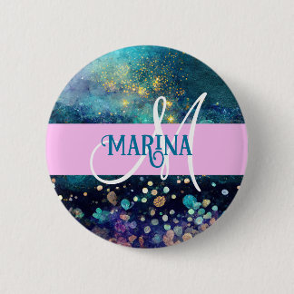 Glam Mermaid Aqua Gold Glitter Sparkles Monogram 6 Cm Round Badge