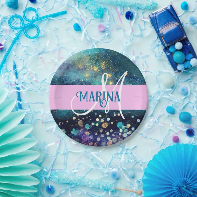 Glam Mermaid Aqua Gold Glitter Sparkles Monogram Paper Plate (Party)