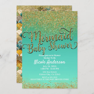 Glam Mermaid Baby Shower Gold Glitter & Teal Invitation