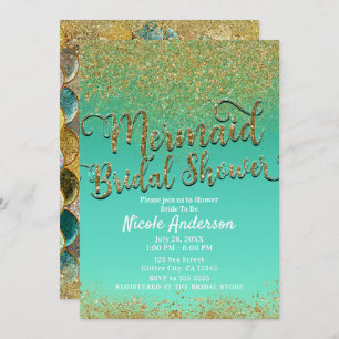 Glam Mermaid Bridal Shower Gold Glitter & Teal Invitation