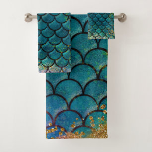 Glam Mermaid Fish Scales Teal Purple Gold Sparkle Bath Towel Set