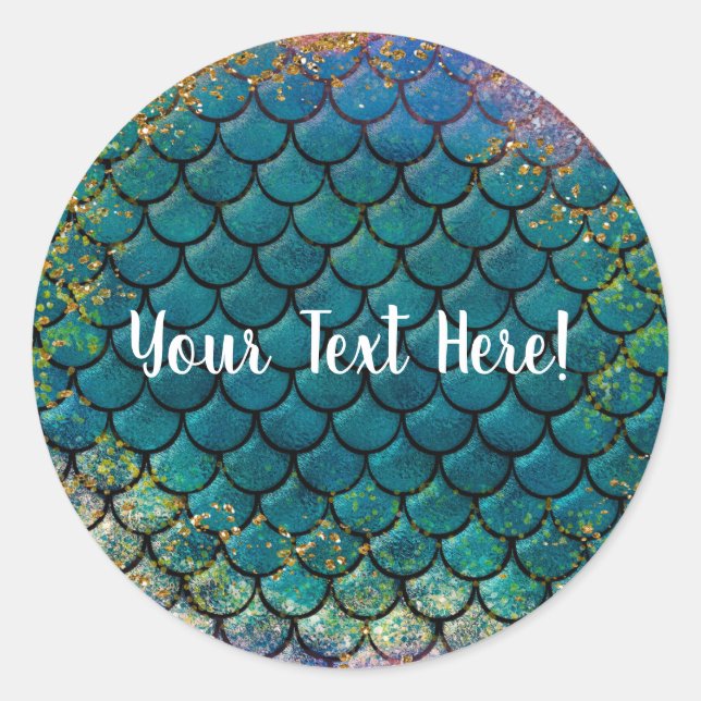 Glam Mermaid Fish Scales Teal Purple Gold Sparkle Classic Round Sticker (Front)