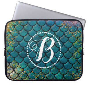 Glam Mermaid Fish Scales Teal Purple Gold Sparkle Laptop Sleeve