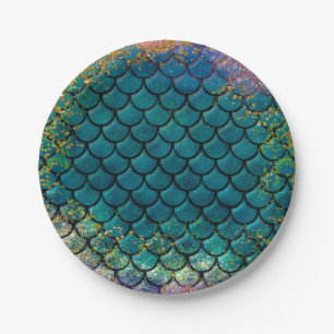 Glam Mermaid Fish Scales Teal Purple Gold Sparkle Paper Plate