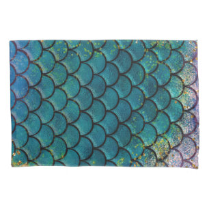 Glam Mermaid Fish Scales Teal Purple Gold Sparkle Pillowcase