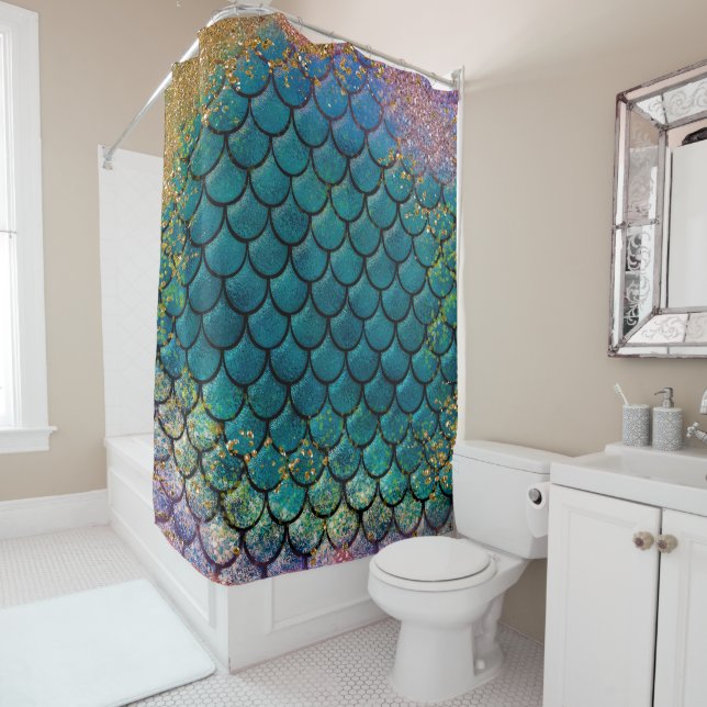 Glam Mermaid Fish Scales Teal Purple Gold Sparkle Shower Curtain (In Situ)