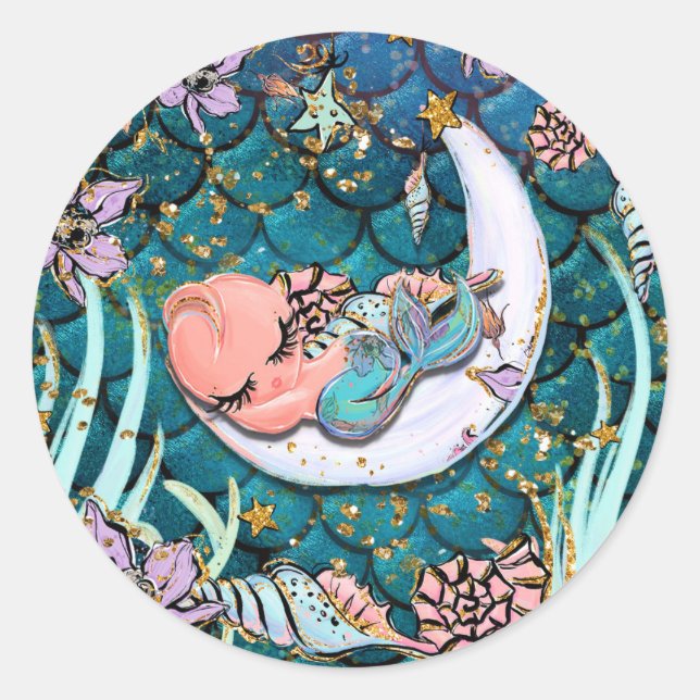 Glam Mermaid Gold Glitter Boys Baby Shower Classic Round Sticker (Front)