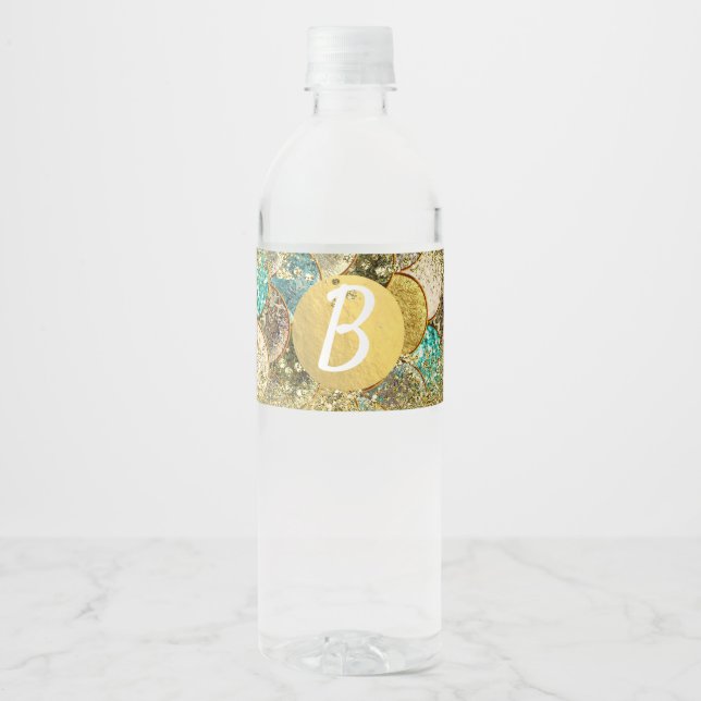 Glam Mermaid Gold Teal Scales Birthday Party Water Bottle Label (Front)