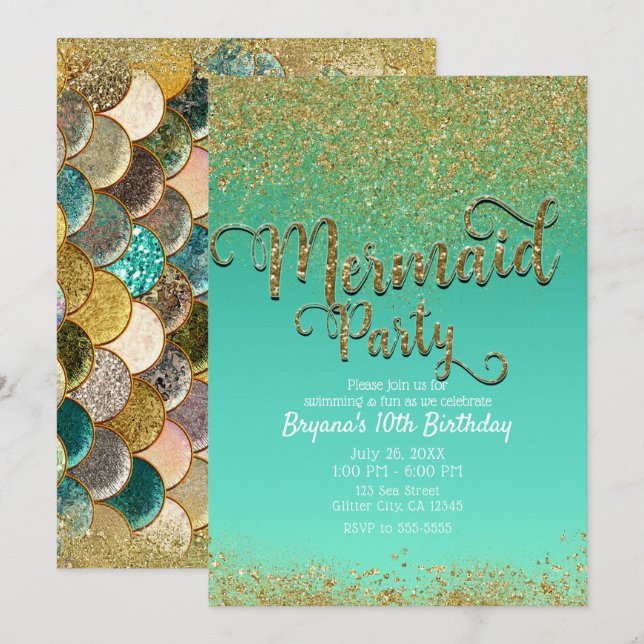 Glam Mermaid Party Gold Glitter & Teal Birthday Invitation (Front/Back)