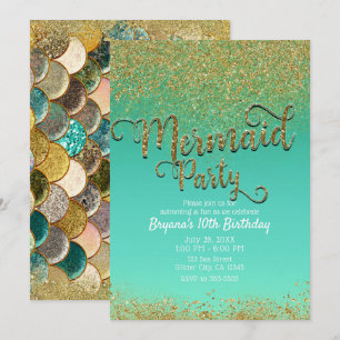 Glam Mermaid Party Gold Glitter & Teal Birthday Invitation