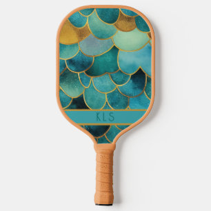 Glam Mermaid Scales Teal & Gold Monogram Pickleball Paddle