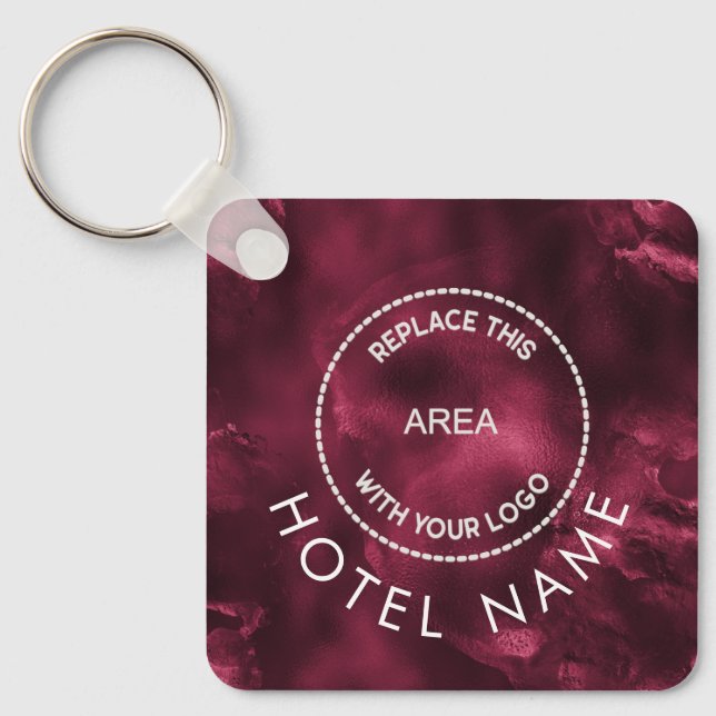 Glam Metallic Burgundy Hotel Logo Qr Code Name Key Ring (Front)
