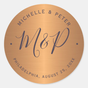 Glam metallic copper gold wedding monogrammed classic round sticker