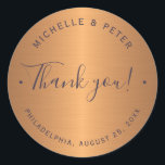 Glam metallic copper gold wedding thank you classic round sticker<br><div class="desc">Glamourous modern faux metallic copper glitter round wedding favour thank you sticker with a fully editable modern chic dark purple indigo (changeable) typography script.                Personalise it with wedding couple's names,  place and date and your text!                Suitable as a favour or gift wrap or thank you card envelope seal.</div>