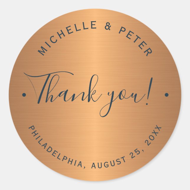 Glam metallic copper gold wedding thank you classic round sticker (Front)