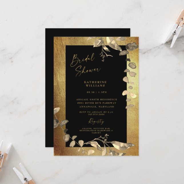 Glam Metallic Gold and Black Bridal Shower Invitat Invitation (Front/Back In Situ)