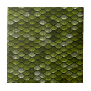 Glam Metallic Lime Olive Green Scales Pattern Ceramic Tile