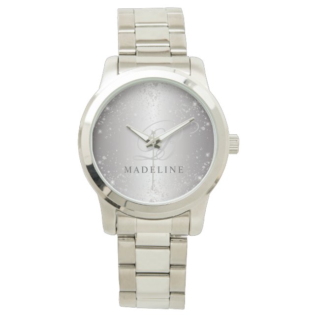 Glam Metallic Silver Glitter Customisable Name Watch (Front)