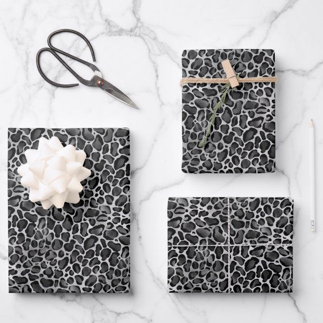 Glam Metallic Silver Leopard Print Wrapping Paper Sheet (Front)