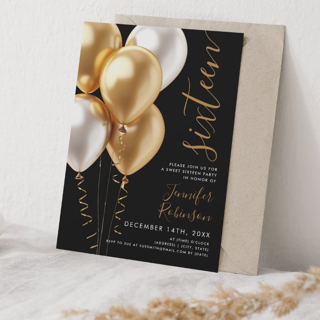 Glam Minimal Gold Balloons Sweet 16 Birthday Black Invitation (Glam Minimal Gold Balloons Sweet 16 Birthday Black Invitation)