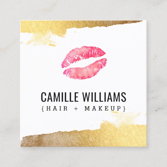 GLAM MINIMALIST luxe gold pink watercolour kiss Square Business Card (Front)