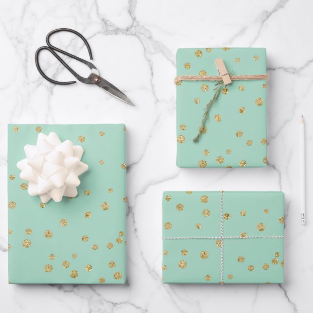 Glam Mint Green and Gold Polka Dots Pattern Wrapping Paper Sheet (Front)
