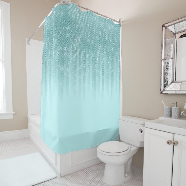Glam Mint Green Aqua Glitter Striped Gradient Shower Curtain (In Situ)