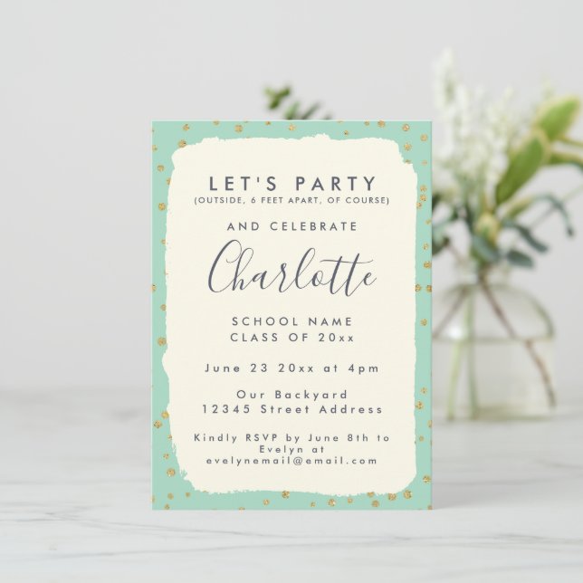 Glam Mint Green Gold Dots Custom Graduation Party Invitation (Standing Front)