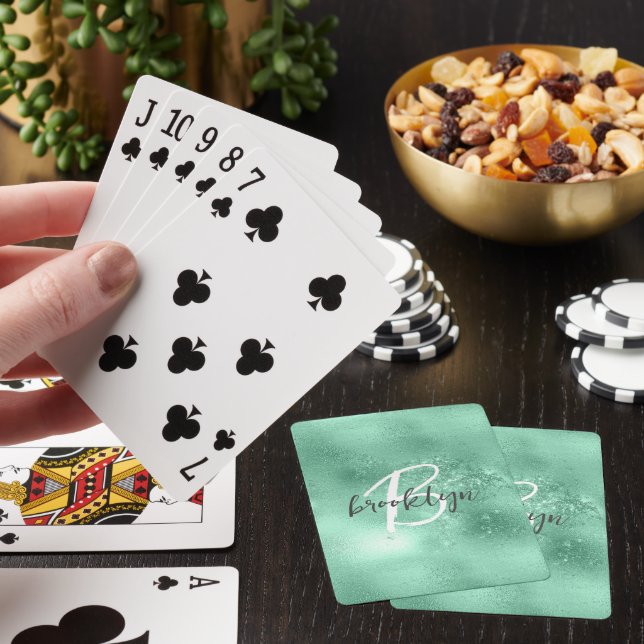 Glam Mint Green Trendy Script Monogram Playing Cards (In Situ)
