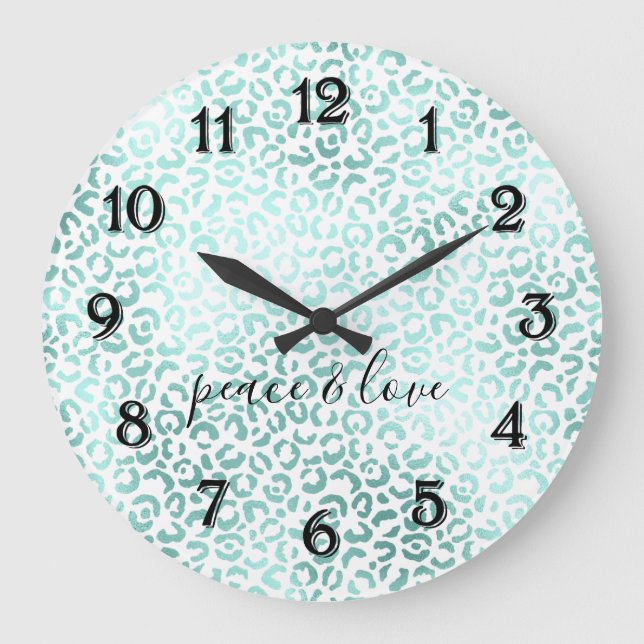 Glam Mint Leopard Print Large Clock (Front)