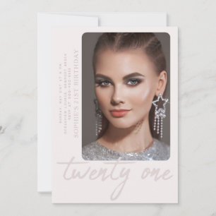 Glam Modern Minimalist Pink 21st Birthday Photo Invitation