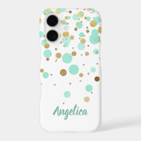 Glam Modern Mint Gold Glitter Confetti Script Name