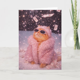 Glam Money Cat in Pink Fur Coat and Sunglasses     Card