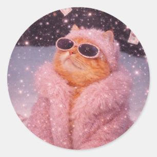Glam Money Cat in Pink Fur Coat and Sunglasses Classic Round Sticker