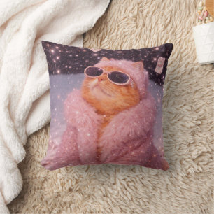 Glam Money Cat in Pink Fur Coat and Sunglasses Cushion