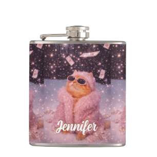 Glam Money Cat in Pink Fur Coat and Sunglasses Hip Flask