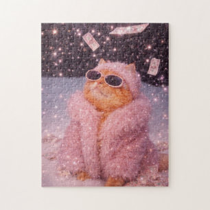 Glam Money Cat in Pink Fur Coat and Sunglasses Jigsaw Puzzle
