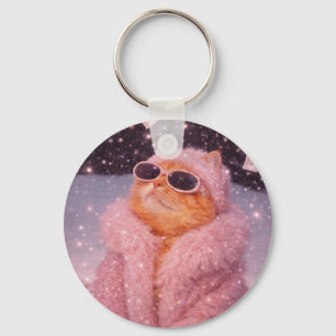 Glam Money Cat in Pink Fur Coat and Sunglasses     Key Ring