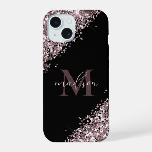Glam Monogram Glitter Rose Gold iPhone 15 Case