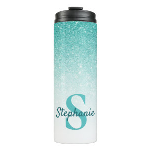 Glam Monogram Glitter Teal Ombre Thermal Tumbler