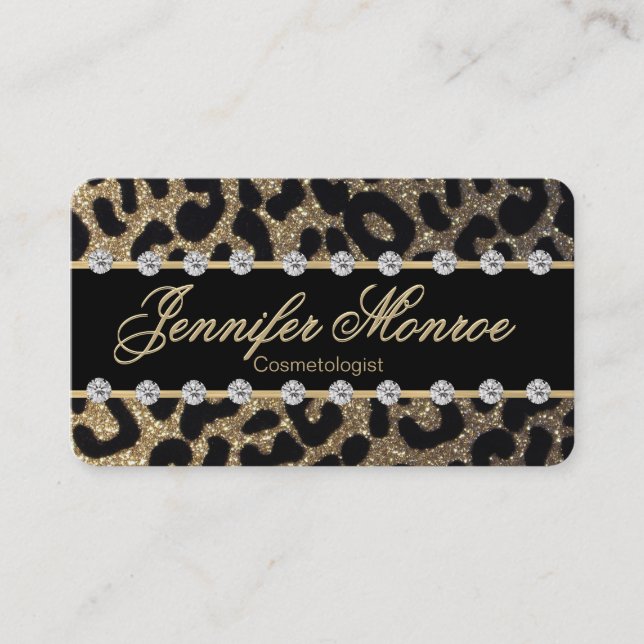 Glam Monogram Gold Leopard and Diamonds Appointment Card (Front)