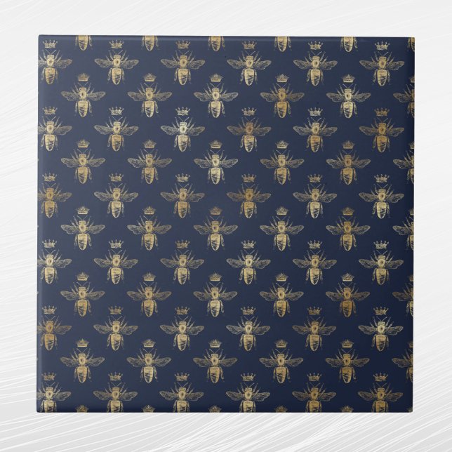 Glam Navy Blue Gold Bees Crown Ceramic Tile (Creator Uploaded)