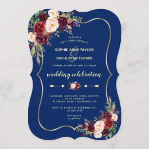 Glam Navy Blue Gold Burgundy Floral Wedding Invitation