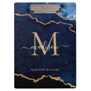 Glam Navy Blue Gold Glitter Agate Geode Monogram Clipboard