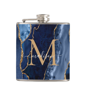 Glam Navy Blue Gold Glitter Agate Geode Monogram Hip Flask