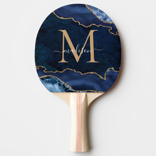 Glam Navy Blue Gold Glitter Agate Geode Monogram Ping Pong Paddle (Front)