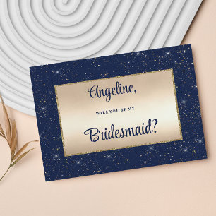 Glam navy blue gold glitter confetti Bridesmaid Invitation