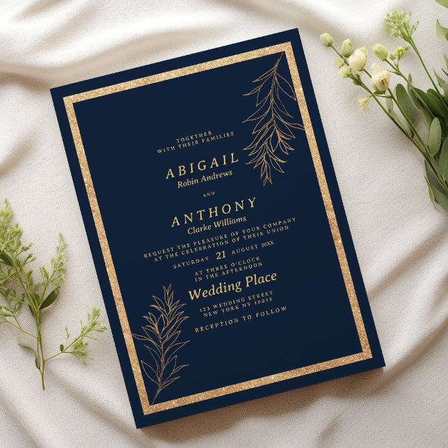 Glam navy blue gold glitter leaf floral Wedding Invitation (Glam navy blue gold glitter leaf floral Wedding)