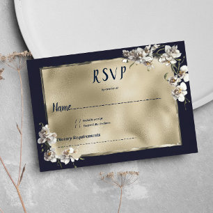 Glam navy blue gold white orchid flower RSVP Invitation