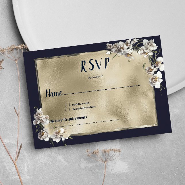 Glam navy blue gold white orchid flower RSVP Invitation (Glam navy blue gold white orchid flower RSVP)